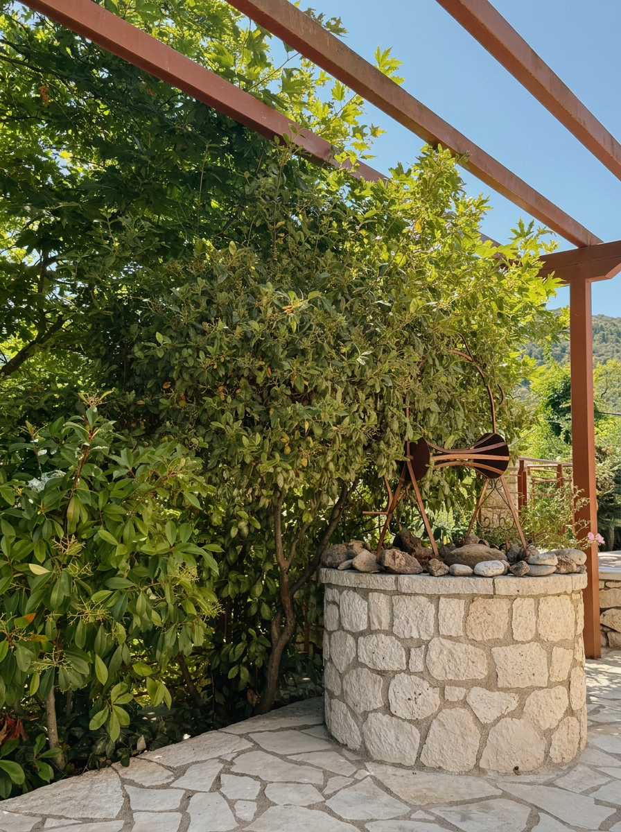 Stone well beneath the pergola in the garden