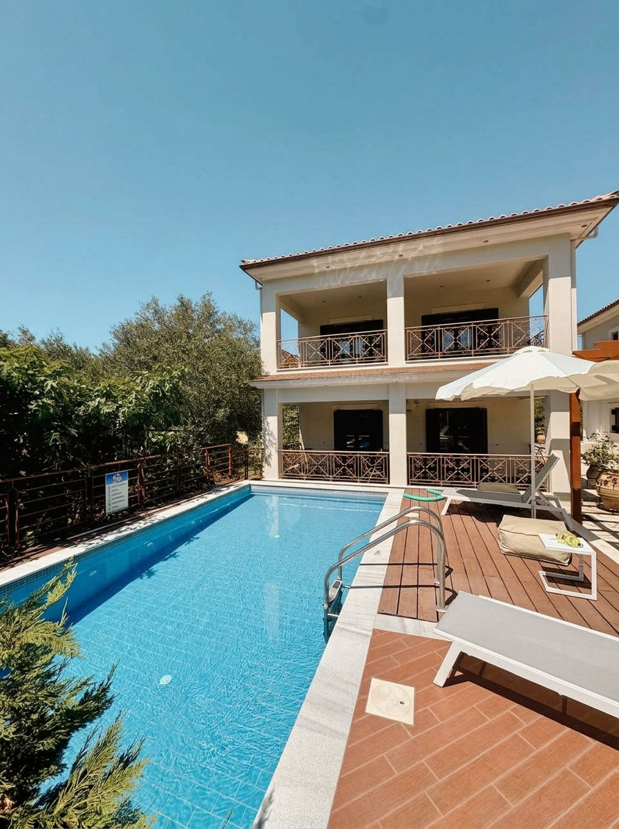Villa exterior with private pool and sun deck